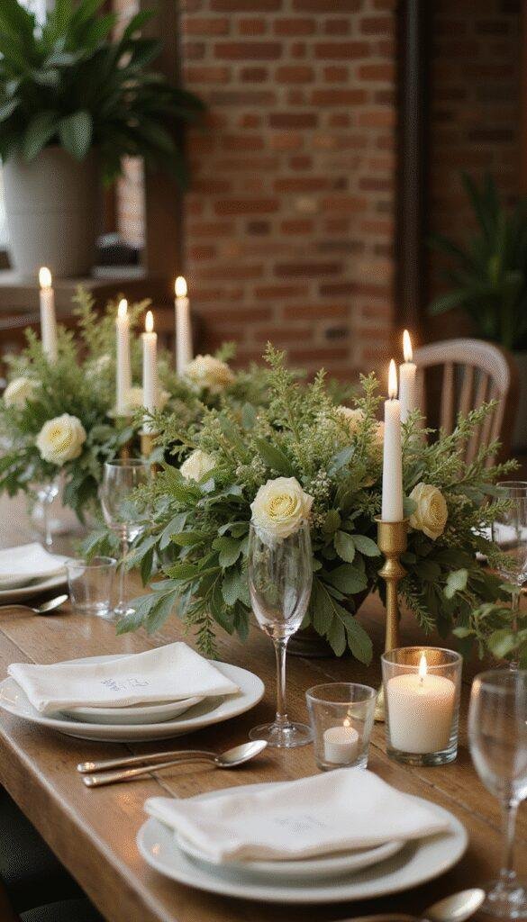 Elegant wedding reception table decorated with lush sage green floral arrangements, soft candle lighting, and crisp white linens. The scene exudes a romantic, sophisticated ambiance with a focus on natural, earthy tones and delicate floral accents, captured in a high-quality magazine style image.