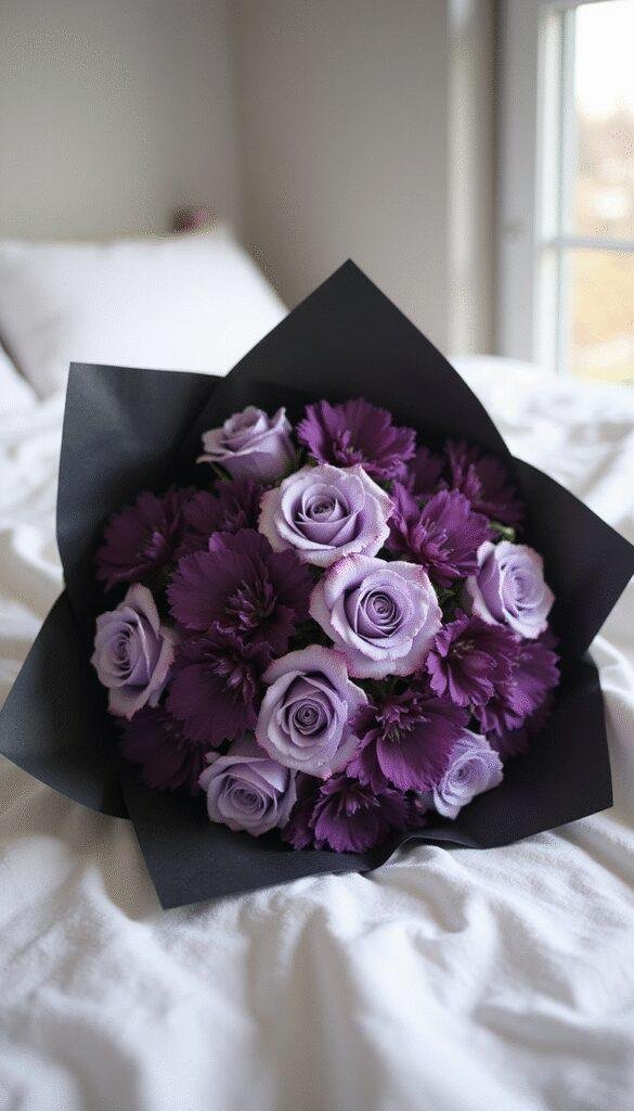 A close-up of a romantic bouquet featuring dark purple lisianthus and soft lavender roses, wrapped in black paper. The bouquet rests on a rumpled white linen bedspread, illuminated by gentle morning light streaming through a nearby window, creating a soft, intimate ambiance.