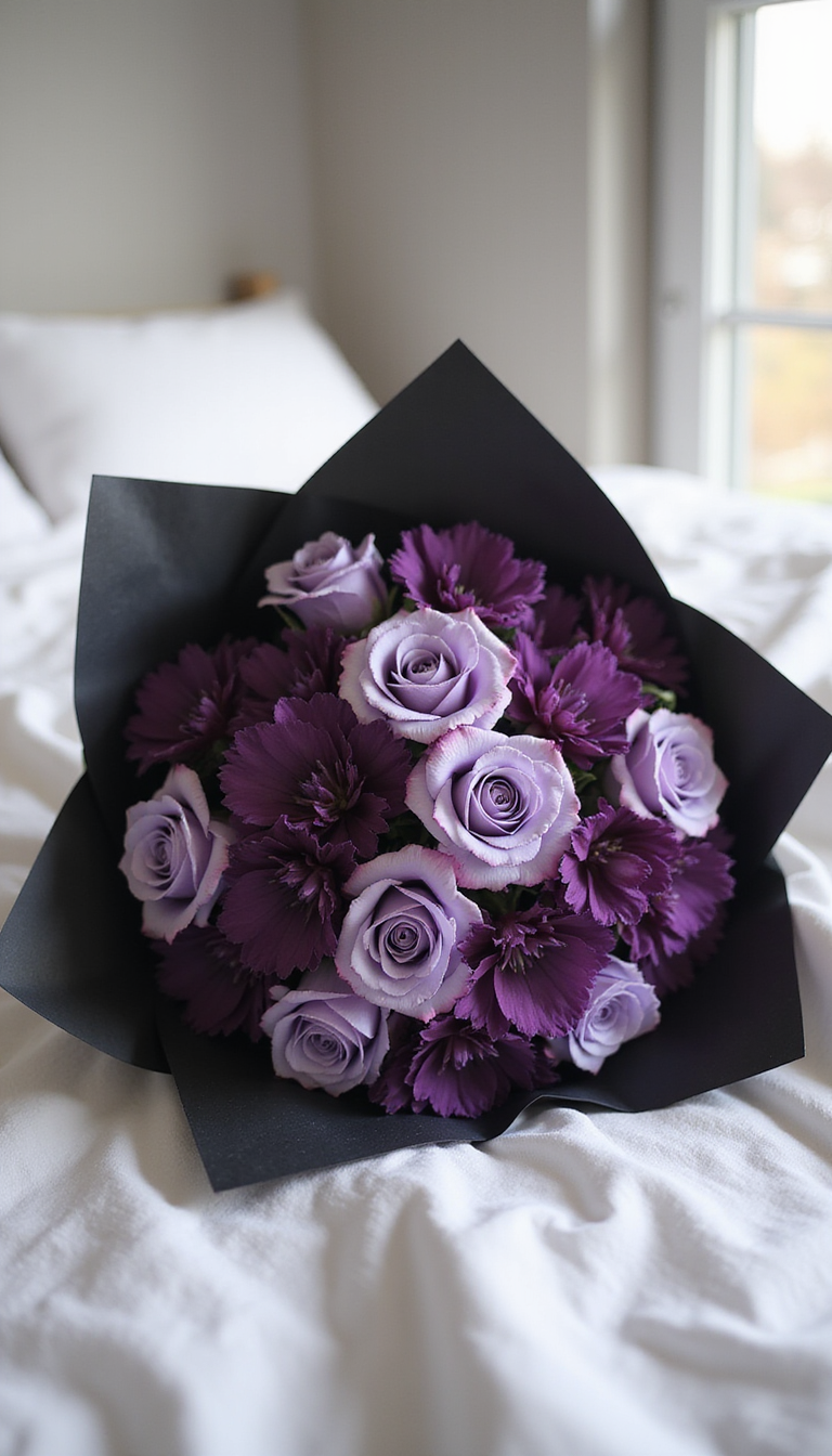 A close-up of a romantic bouquet featuring dark purple lisianthus and soft lavender roses, wrapped in black paper. The bouquet rests on a rumpled white linen bedspread, illuminated by gentle morning light streaming through a nearby window, creating a soft, intimate ambiance.