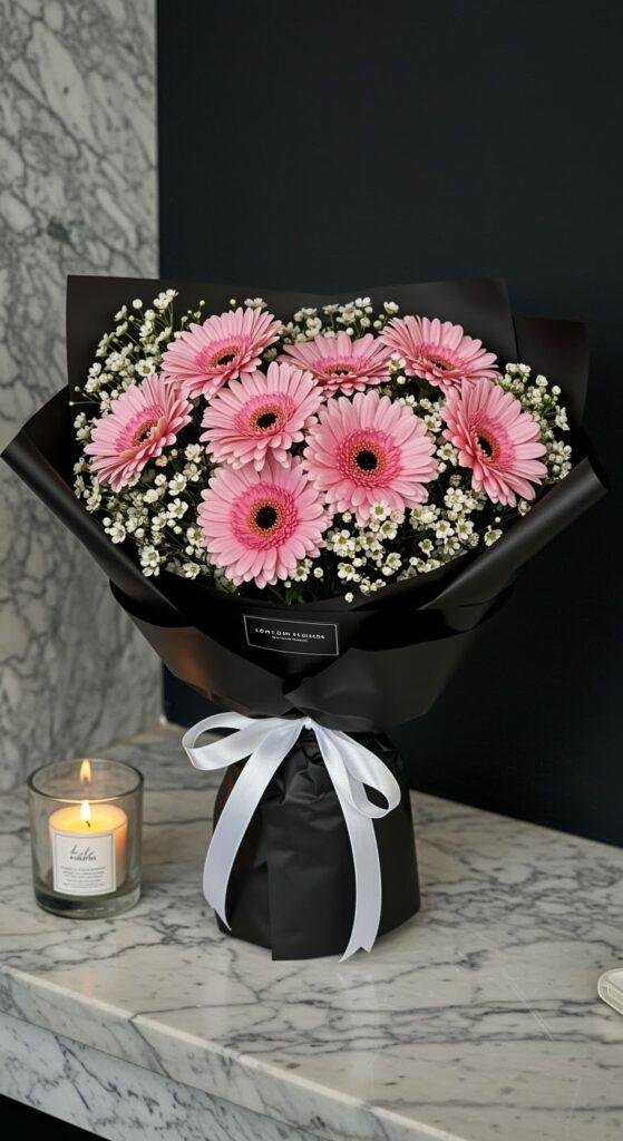 A cheerful and stylish bouquet featuring pink gerbera daisies and white waxflowers, wrapped in black paper and tied with a delicate white ribbon, placed on a marble countertop with a single lit candle nearby.