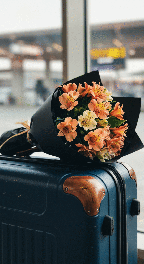 A small, portable bouquet of non-fragrant alstroemeria flowers wrapped in black paper, resting atop a carry-on suitcase near a large window at an airport terminal. The bouquet features vibrant pink and purple flowers with green leaves, contrasting against the dark wrapping. The scene captures an airport setting with soft natural light filtering through the window, hinting at a traveler preparing for departure.