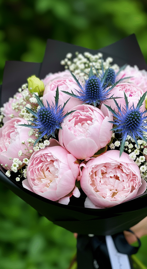 An artistic bouquet featuring soft pink peonies with spiky blue thistle and delicate white waxflower, wrapped in sleek black paper creating a striking contrast.