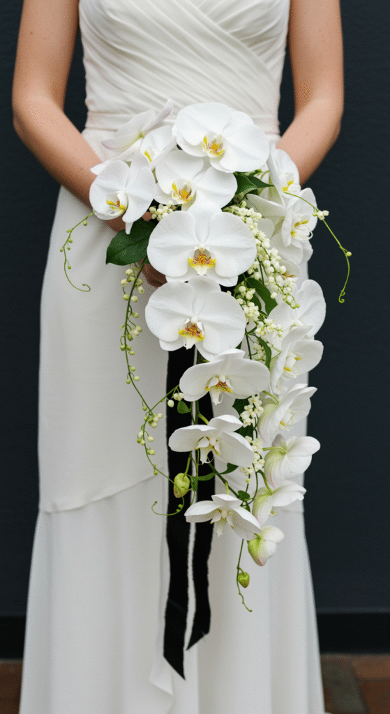 A cascading bridal bouquet featuring elegant white phalaenopsis orchids and delicate jasmine vines, bound at the stems with a sleek black silk ribbon. The bouquet is held by a bride dressed in a modern, minimalist wedding gown, with only her waist down visible, emphasizing the luxurious floral arrangement against her simple, contemporary attire.