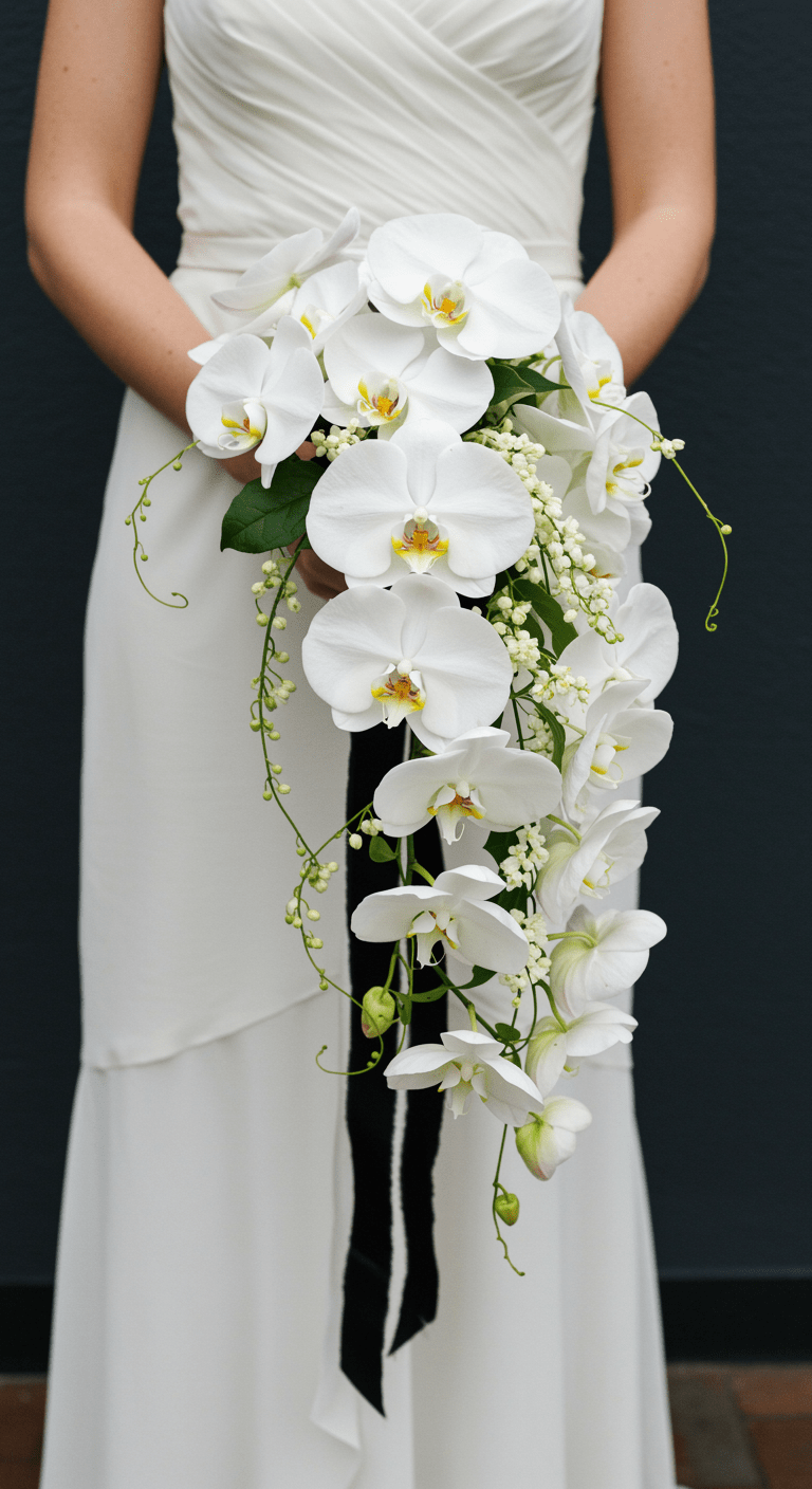A cascading bridal bouquet featuring elegant white phalaenopsis orchids and delicate jasmine vines, bound at the stems with a sleek black silk ribbon. The bouquet is held by a bride dressed in a modern, minimalist wedding gown, with only her waist down visible, emphasizing the luxurious floral arrangement against her simple, contemporary attire.