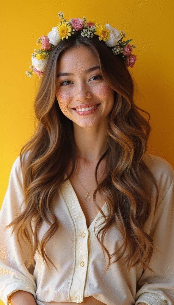 A young woman with elegant, styled graduation hair featuring loose waves and a delicate floral accessory, standing confidently against a soft, neutral background.