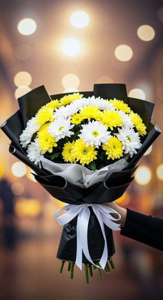 A vibrant bouquet featuring bright white and yellow chrysanthemums, wrapped in black paper with a wide white ribbon, held up against a softly blurred background of warm celebratory lights or bokeh.