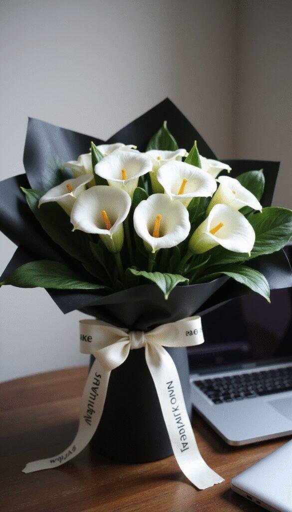A sophisticated architectural bouquet featuring elegant white calla lilies and lush dark green monstera leaves, wrapped in sleek black paper with a branded white ribbon, placed neatly on a dark wood office desk beside a silver laptop, exuding professionalism and style.