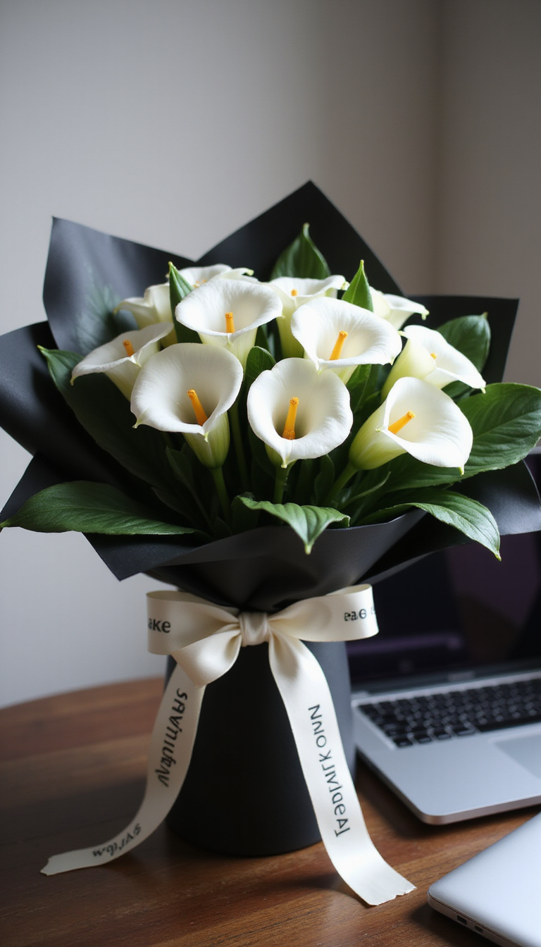 A sophisticated architectural bouquet featuring elegant white calla lilies and lush dark green monstera leaves, wrapped in sleek black paper with a branded white ribbon, placed neatly on a dark wood office desk beside a silver laptop, exuding professionalism and style.