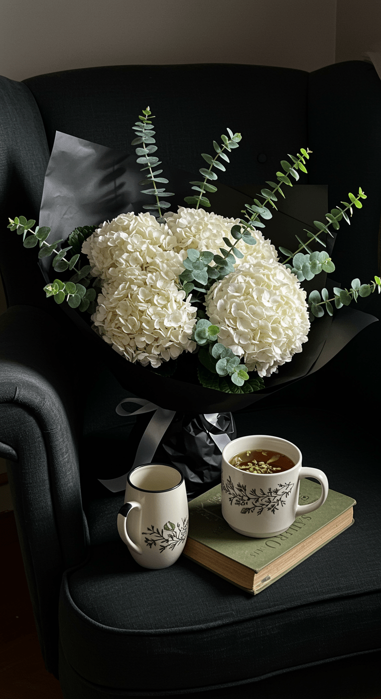 A beautifully arranged bouquet of cream hydrangeas and sprigs of eucalyptus, wrapped in elegant black paper, rests on a plush velvet armchair. Next to it, a steaming mug and an open book add a cozy, inviting touch. The scene is styled to evoke warmth and sophistication, perfect for a lifestyle or floral decor setting.