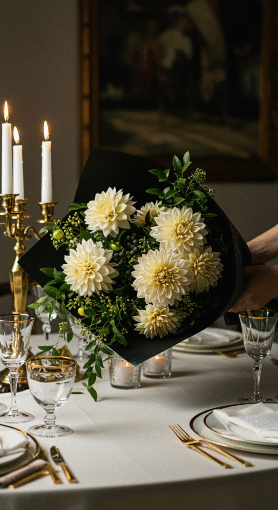 A low, wide bouquet of cream dahlias and lush smilax greenery, elegantly wrapped in black paper, poised to be placed as a striking centerpiece on a beautifully set dinner table. The arrangement showcases soft, creamy tones contrasted with vibrant green foliage, arranged in a balanced, artistic composition.