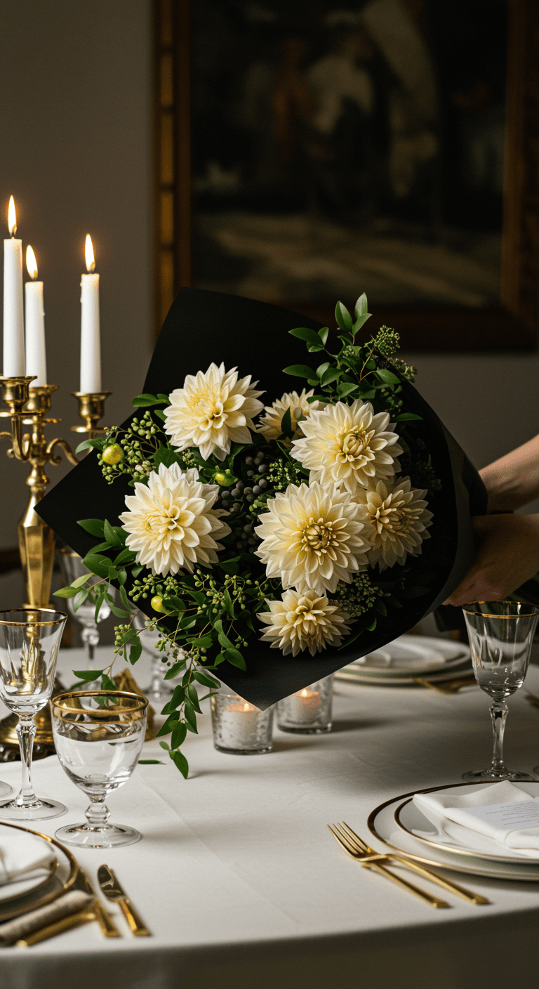 A low, wide bouquet of cream dahlias and lush smilax greenery, elegantly wrapped in black paper, poised to be placed as a striking centerpiece on a beautifully set dinner table. The arrangement showcases soft, creamy tones contrasted with vibrant green foliage, arranged in a balanced, artistic composition.