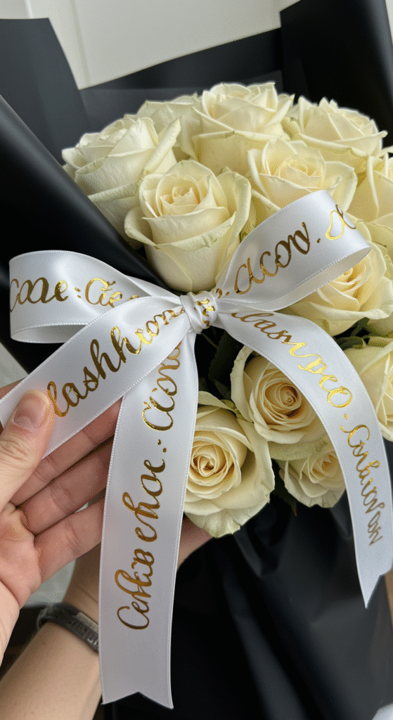 Close-up of a white satin ribbon with custom gold foil text being tied into a neat bow around a bouquet of cream roses, wrapped in black paper, highlighting the elegant details.