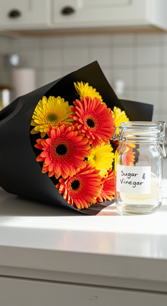 A vibrant bouquet of fresh flowers wrapped in black paper, placed next to a small glass jar containing homemade flower food with visible sugar and vinegar labels, set in a bright, clean kitchen