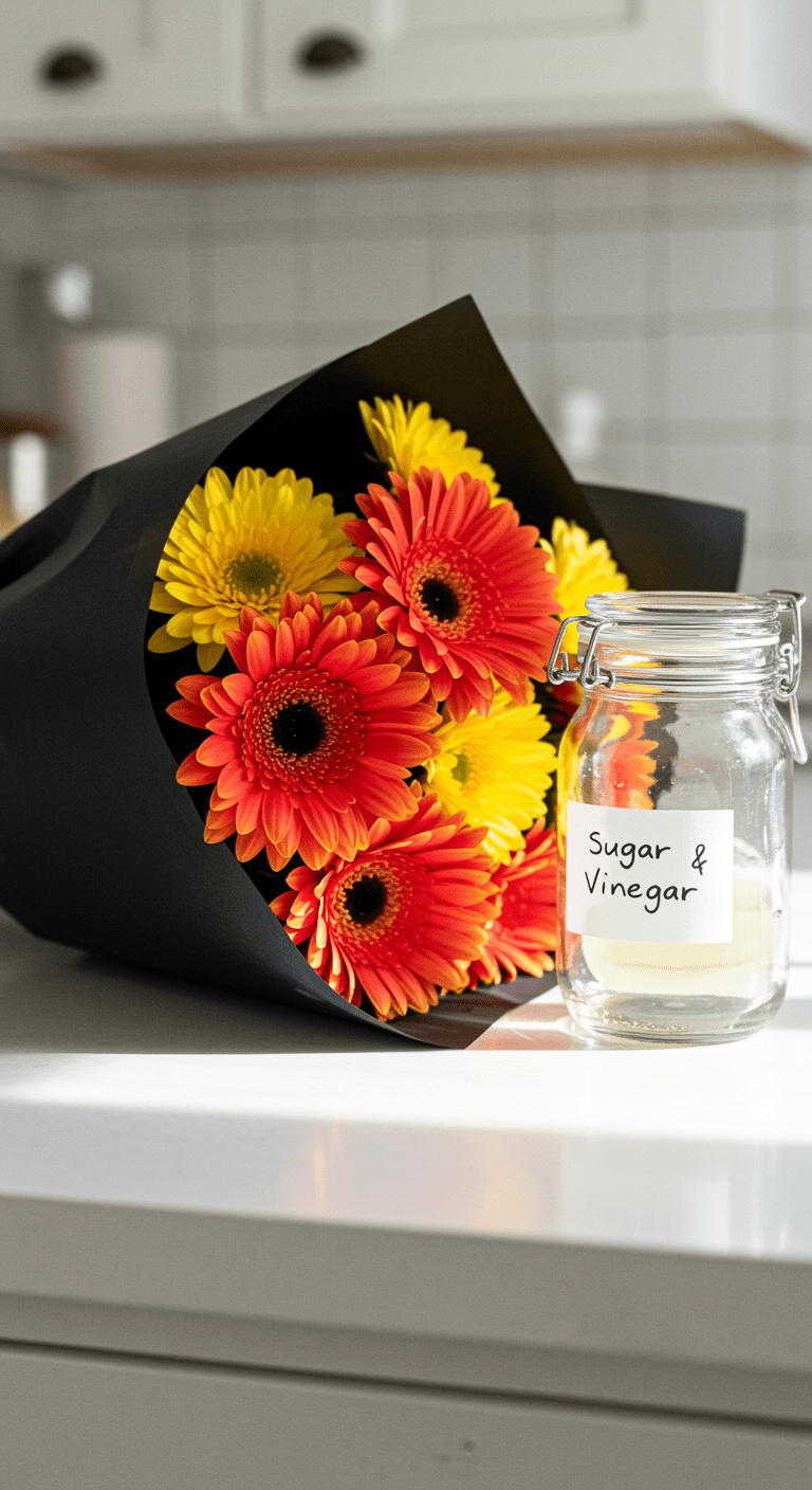 A vibrant bouquet of fresh flowers wrapped in black paper, placed next to a small glass jar containing homemade flower food with visible sugar and vinegar labels, set in a bright, clean kitchen