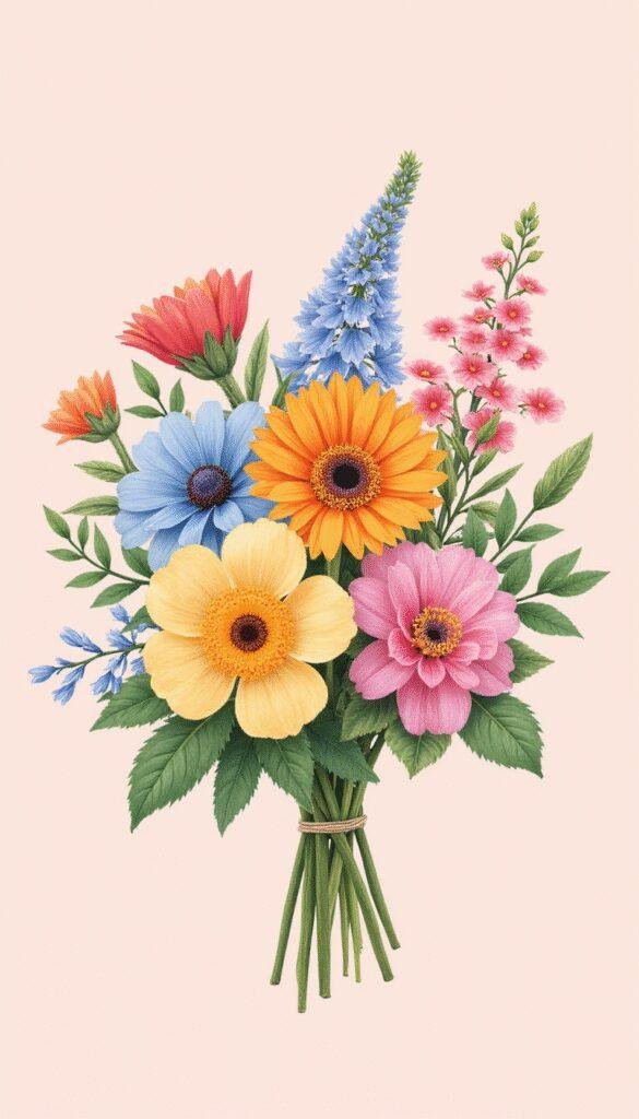 A vibrant arrangement of various social media-style illustrations of different birth flowers, each accompanied by a subtle icon representing personality traits, set against a soft pastel background. The flowers are depicted with delicate details and bright colors, visually symbolizing individual characteristics.