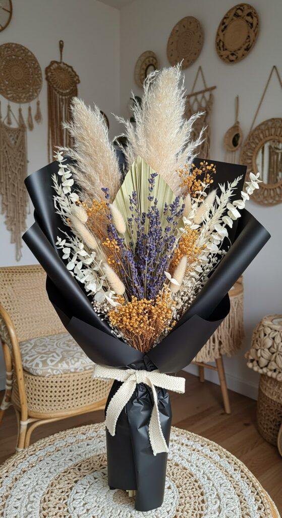 A textured bouquet featuring preserved pampas grass in soft beige and cream tones, bleached ruscus in white, and dried lavender with purple hues, all wrapped in black paper and tied with a cream-colored twine, set against a bright, airy room with bohemian decor including hanging plants and woven accents.