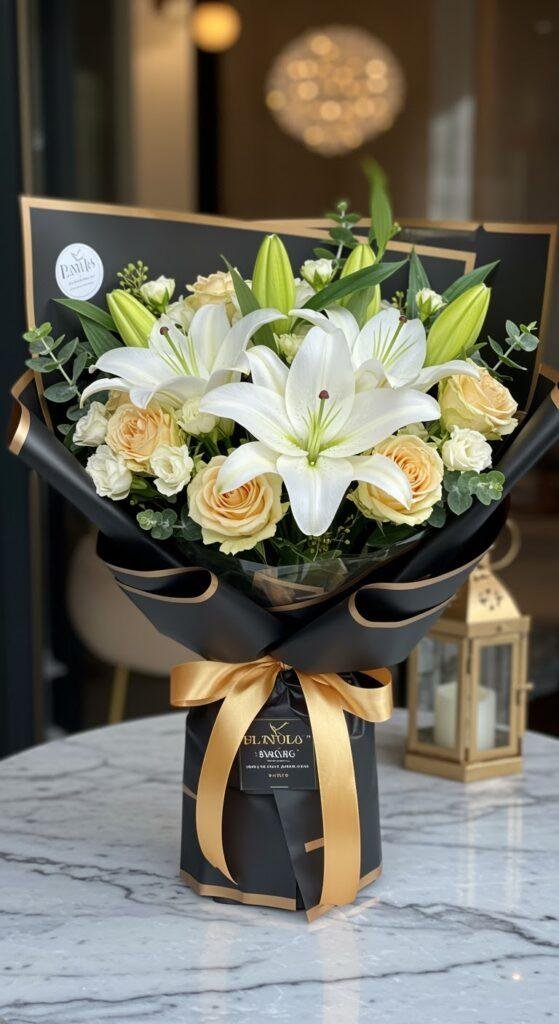 A luxurious bouquet featuring white oriental lilies, cream roses, and gold-painted eucalyptus, wrapped in black paper with a shimmering gold ribbon, set on a marble surface with a blurred lantern in the background, evoking elegance and celebration.