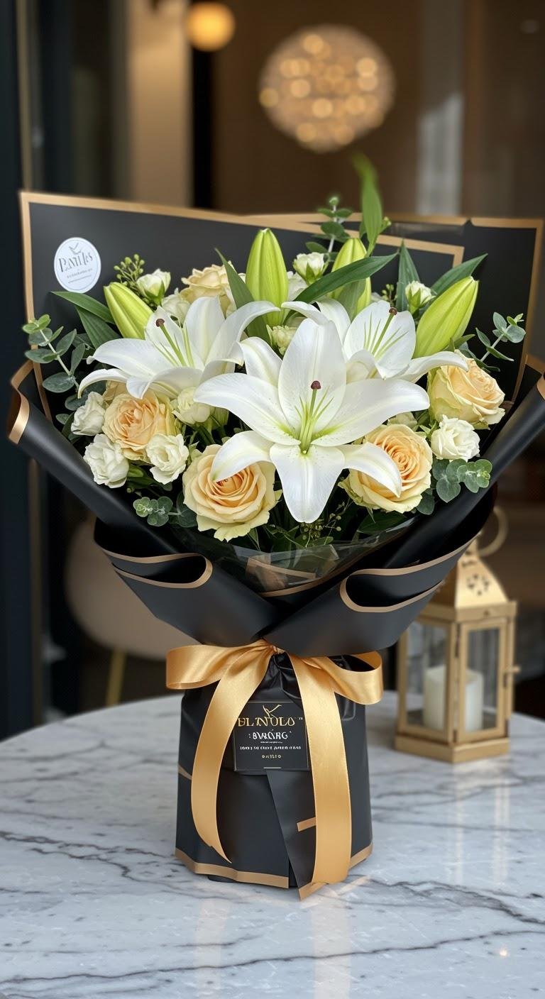 A luxurious bouquet featuring white oriental lilies, cream roses, and gold-painted eucalyptus, wrapped in black paper with a shimmering gold ribbon, set on a marble surface with a blurred lantern in the background, evoking elegance and celebration.