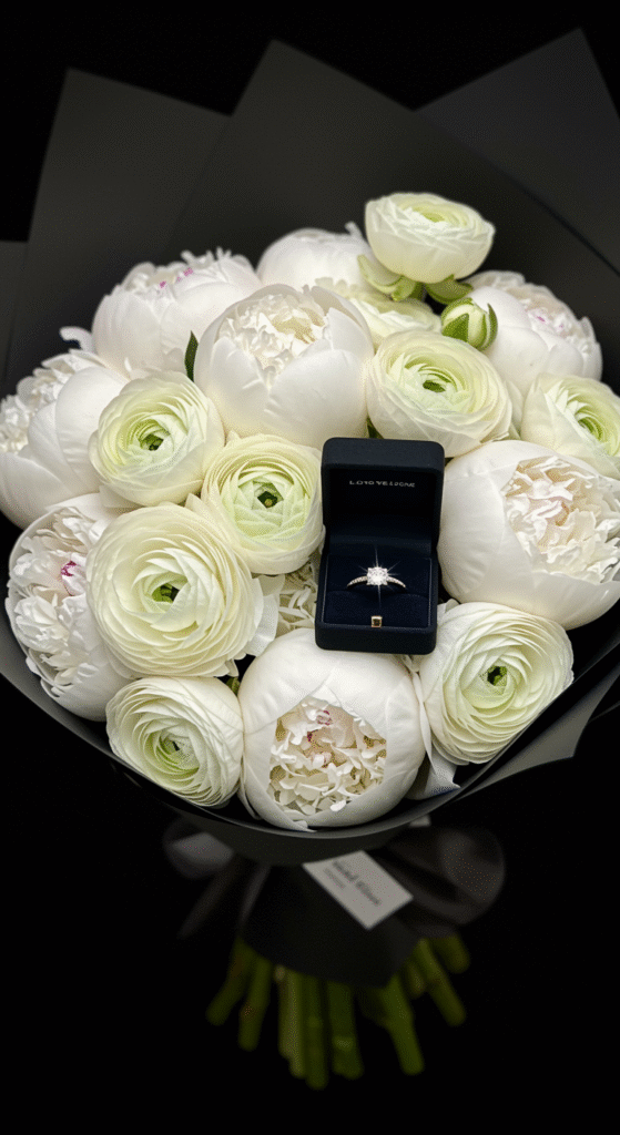 A romantic all-white bouquet featuring lush peonies and delicate ranunculus, wrapped in contrasting black paper. Hidden within the folds is a sparkling engagement ring box, subtly nestled and catching the light.