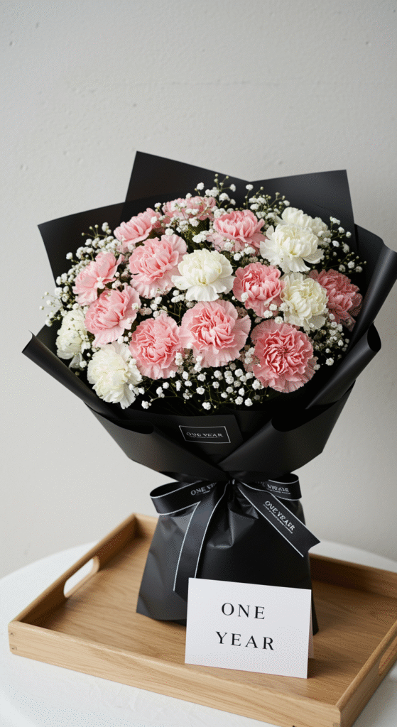 A chic bouquet of pale pink and white carnations, accented with delicate gypsophila, arranged in a modern cloud-like style and wrapped in black paper. The bouquet rests on a breakfast tray, accompanied by a card that reads 'One Year,' capturing an elegant and contemporary anniversary gift.