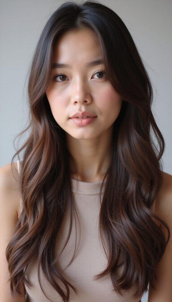 A portrait of a woman with smooth, sleek straight hair styled in a flattering way for a round face, with subtle layers framing her face, against a neutral background. The image showcases a modern, polished hairstyle emphasizing elongation and balance.