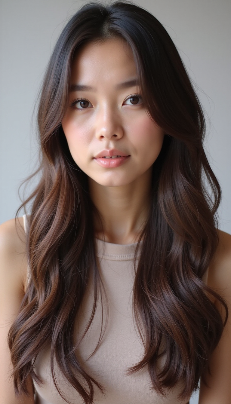 A portrait of a woman with smooth, sleek straight hair styled in a flattering way for a round face, with subtle layers framing her face, against a neutral background. The image showcases a modern, polished hairstyle emphasizing elongation and balance.