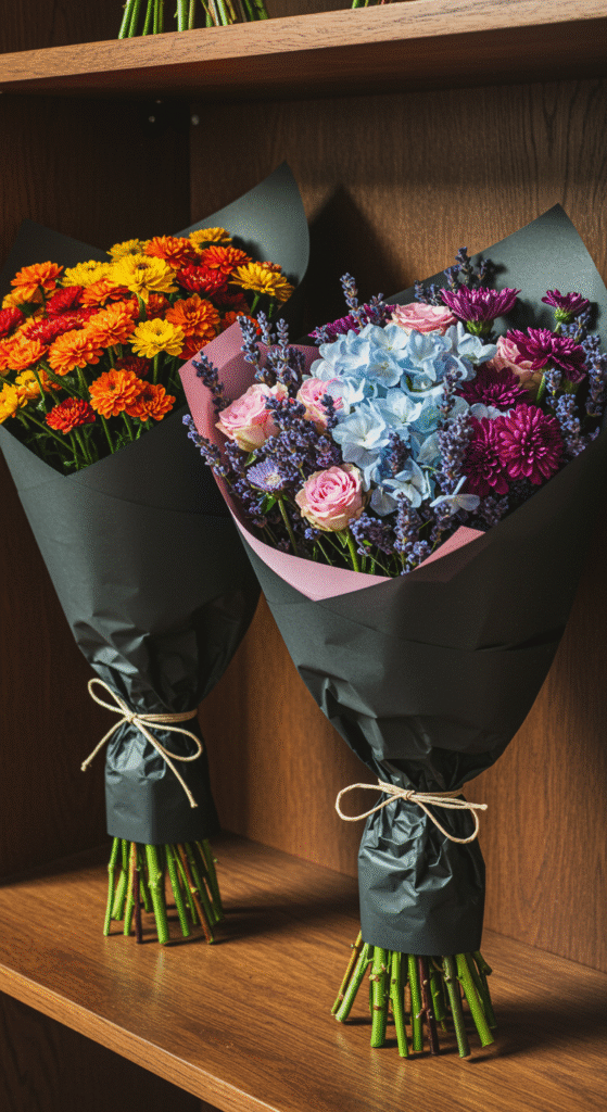 A row of three unique bouquets wrapped in black paper, each with distinct color palettes, arranged on a shelf to showcase weekly flower deliveries.