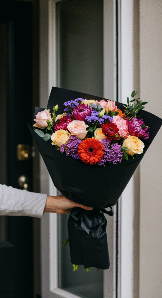 A close-up of a guest's hand offering a medium-sized bouquet of mixed seasonal blooms, wrapped in black paper, to a host at their front door. The focus is on the gesture of giving, highlighting the elegant bouquet and the act of presenting flowers in a welcoming manner.