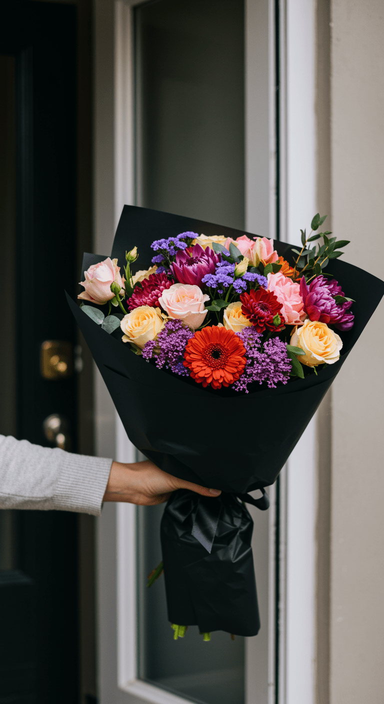 A close-up of a guest's hand offering a medium-sized bouquet of mixed seasonal blooms, wrapped in black paper, to a host at their front door. The focus is on the gesture of giving, highlighting the elegant bouquet and the act of presenting flowers in a welcoming manner.