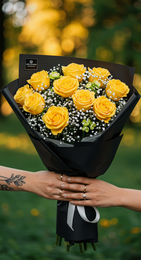 A cheerful bouquet of yellow roses and white stock, symbolizing friendship and happiness, wrapped in black paper. Two friends' hands are holding the bouquet together, emphasizing connection and shared joy.