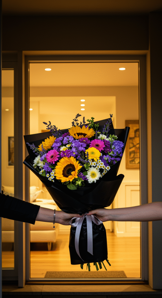 A medium-sized bouquet of mixed seasonal flowers wrapped in elegant black paper, being handed over at the doorway of a beautiful home during the evening, capturing a warm and gracious exchange.