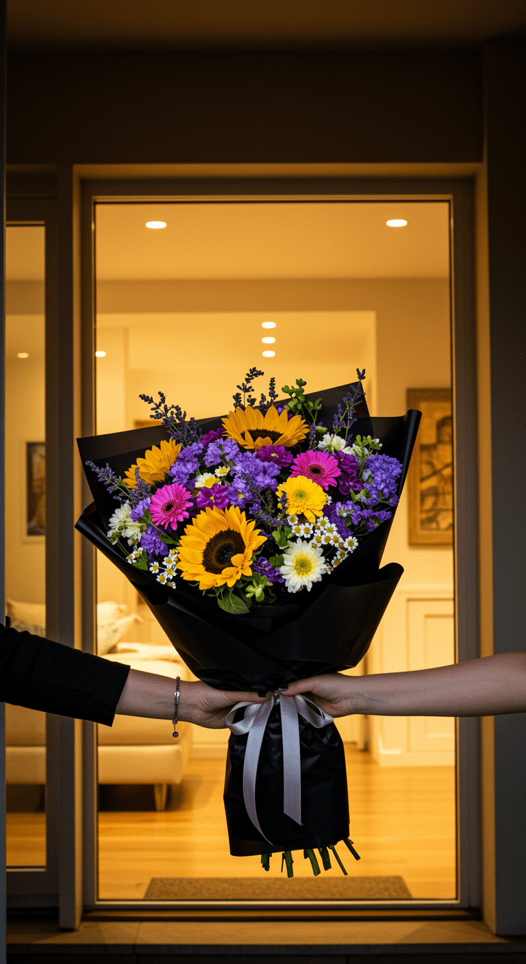 A medium-sized bouquet of mixed seasonal flowers wrapped in elegant black paper, being handed over at the doorway of a beautiful home during the evening, capturing a warm and gracious exchange.