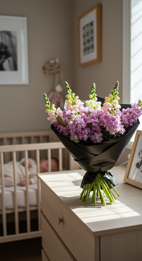 A soft, pastel-colored bouquet of hypoallergenic stock and snapdragons, wrapped in black paper, resting on a dresser in a calm, modern nursery setting, away from the crib