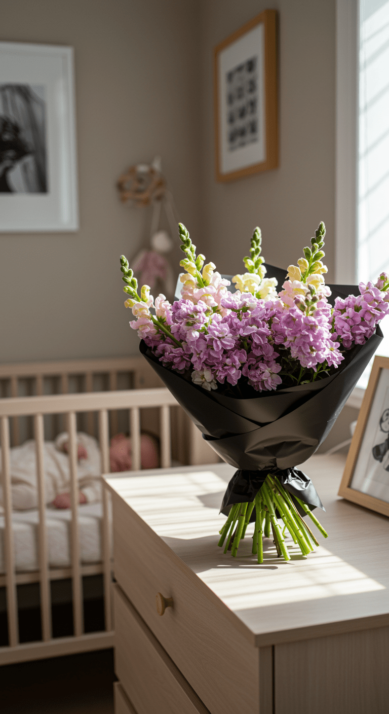 A soft, pastel-colored bouquet of hypoallergenic stock and snapdragons, wrapped in black paper, resting on a dresser in a calm, modern nursery setting, away from the crib