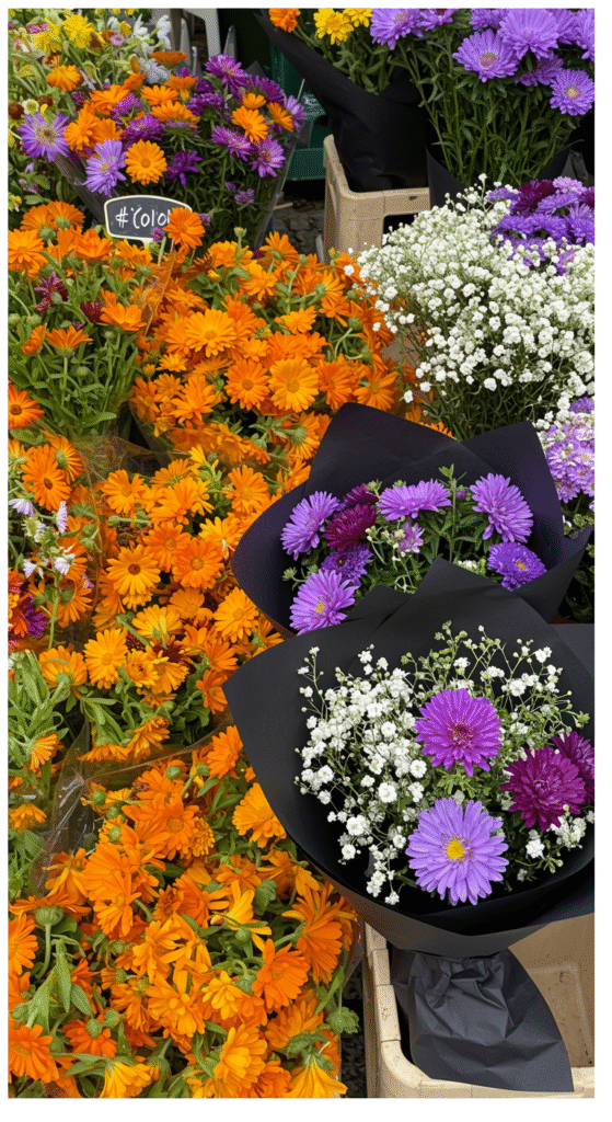 A diptych image showing two scenes: on the left, a market stall filled with loose, colorful flowers, and on the right, the same flowers beautifully arranged into a bouquet wrapped in matte black paper.