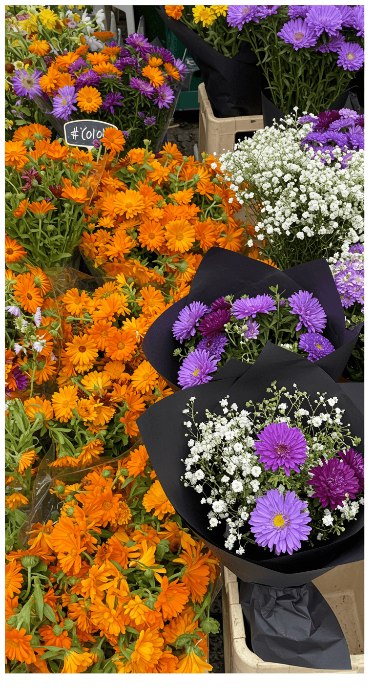 A diptych image showing two scenes: on the left, a market stall filled with loose, colorful flowers, and on the right, the same flowers beautifully arranged into a bouquet wrapped in matte black paper.
