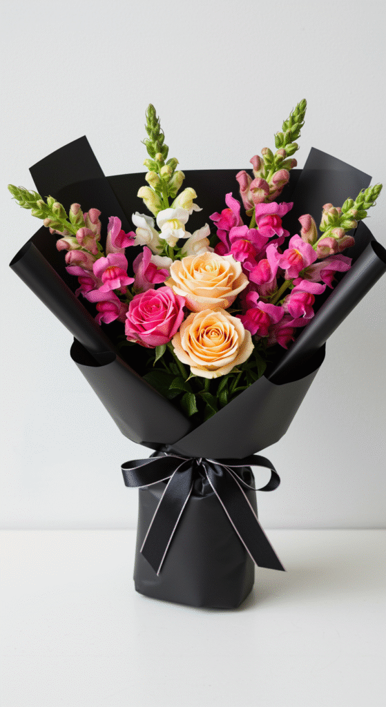 A compact bouquet featuring vibrant red roses and orange snapdragons, wrapped in sleek black paper, placed on a pristine white surface, ready for placement