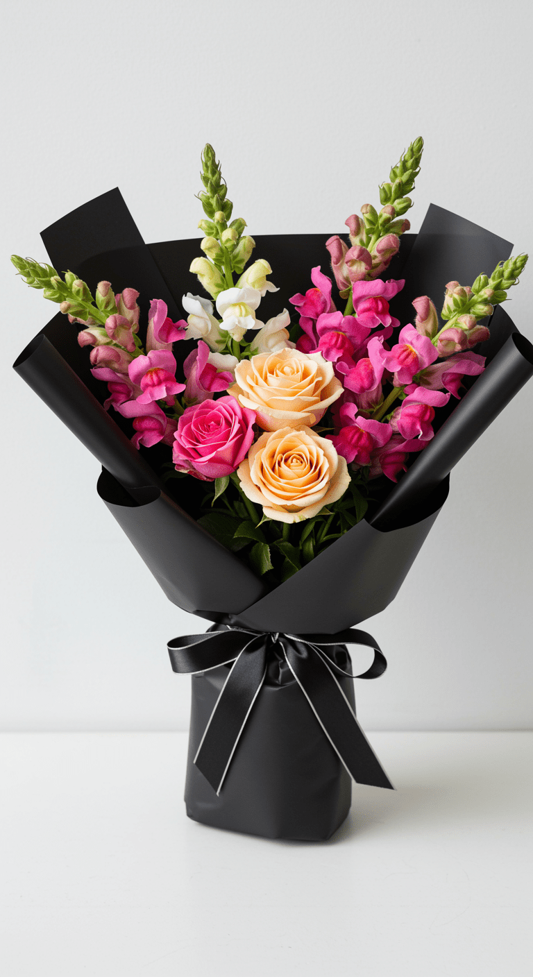 A compact bouquet featuring vibrant red roses and orange snapdragons, wrapped in sleek black paper, placed on a pristine white surface, ready for placement