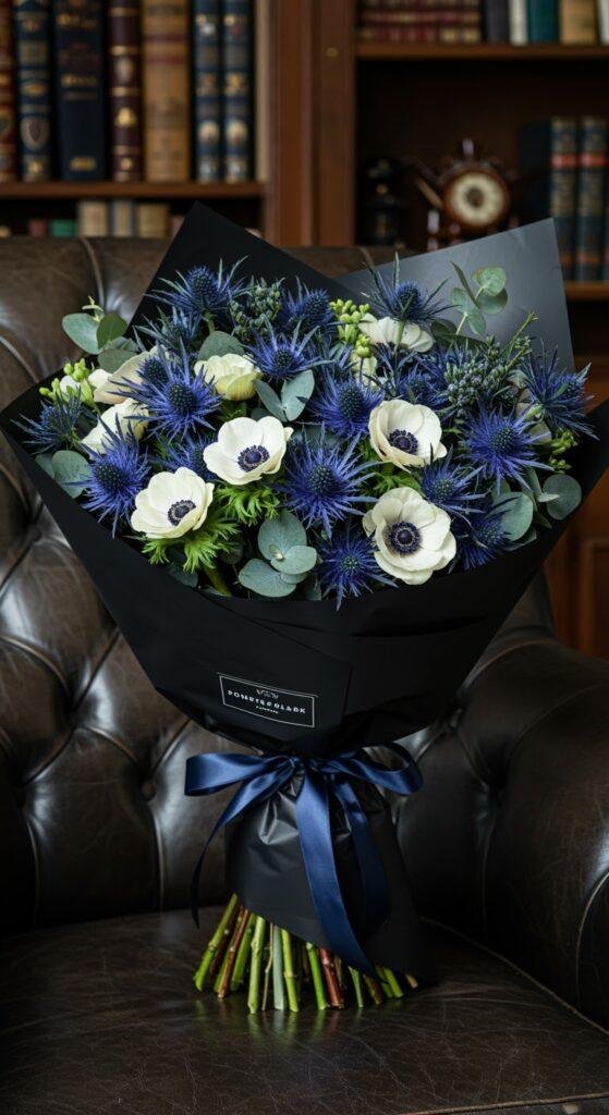 A bold bouquet featuring blue thistles, white anemones, and dark green foliage, wrapped in simple black kraft paper, resting on a dark leather armchair in a stylish study.