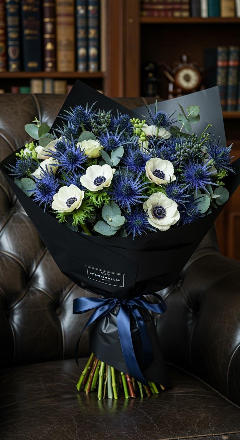 A bold bouquet featuring blue thistles, white anemones, and dark green foliage, wrapped in simple black kraft paper, resting on a dark leather armchair in a stylish study.