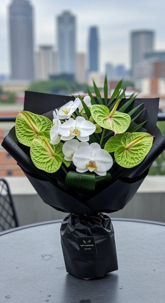 A chic bouquet featuring crisp white orchids and vibrant green anthuriums, known for their resilience, wrapped in waterproof black paper, placed on an outdoor patio table with a blurred city skyline in the background.