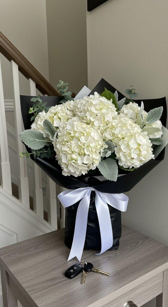 A welcoming bouquet of white hydrangeas and silver dollar eucalyptus, wrapped in black paper with a wide white ribbon, sitting on a entryway console table in a new home, with keys placed beside it.