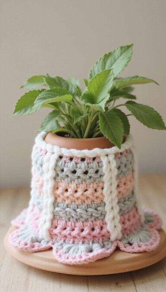 A close-up of a handmade crochet flower pot cover in pastel pink and green colors, draped over a rustic terracotta pot, placed on a wooden surface with soft natural lighting highlighting the intricate crochet stitches.