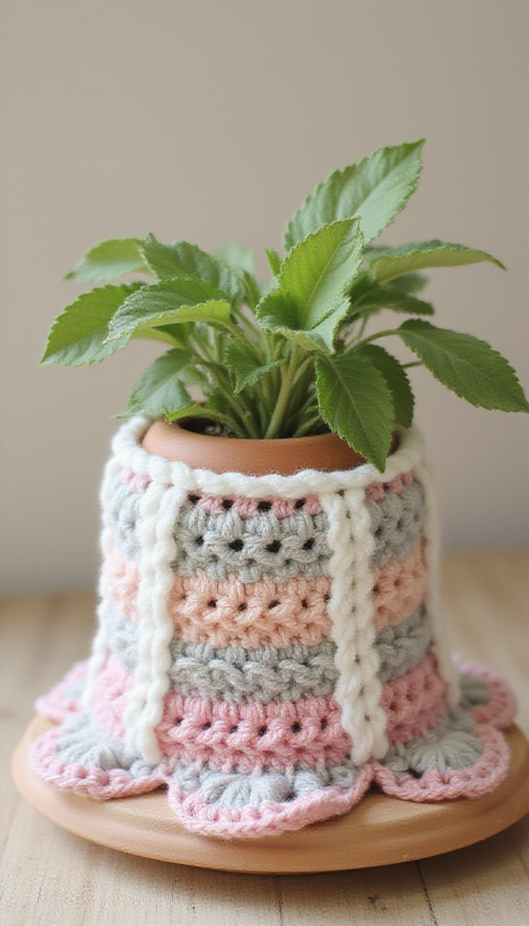 A close-up of a handmade crochet flower pot cover in pastel pink and green colors, draped over a rustic terracotta pot, placed on a wooden surface with soft natural lighting highlighting the intricate crochet stitches.