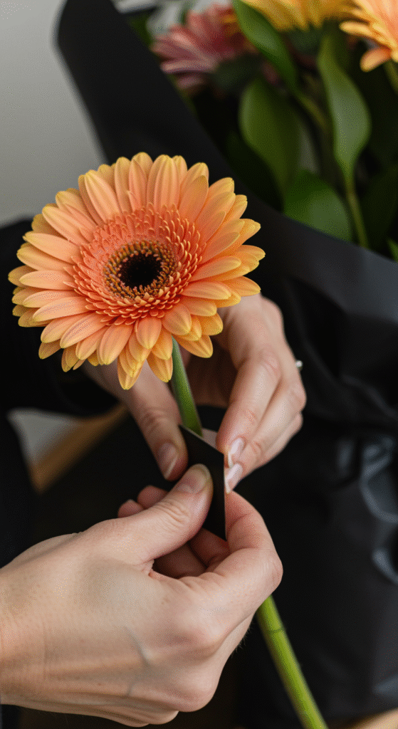 Close-up macro shot of hands gently wrapping floral tape around the stem of a vibrant gerbera daisy, with a softly blurred bouquet in the background emphasizing the repair process