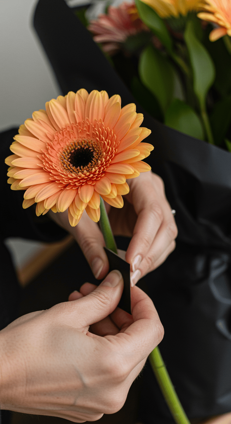 Close-up macro shot of hands gently wrapping floral tape around the stem of a vibrant gerbera daisy, with a softly blurred bouquet in the background emphasizing the repair process