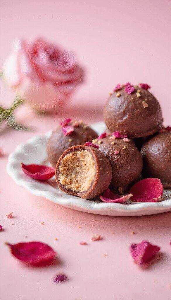 A close-up of a elegant white plate filled with glossy, bite-sized rose truffles. The truffles are coated in fine powdered sugar and decorated with tiny dried rose petals, set against a soft pastel pink background. Natural light highlights their smooth, rich chocolate surface and floral accents, creating a luxurious and inviting scene.