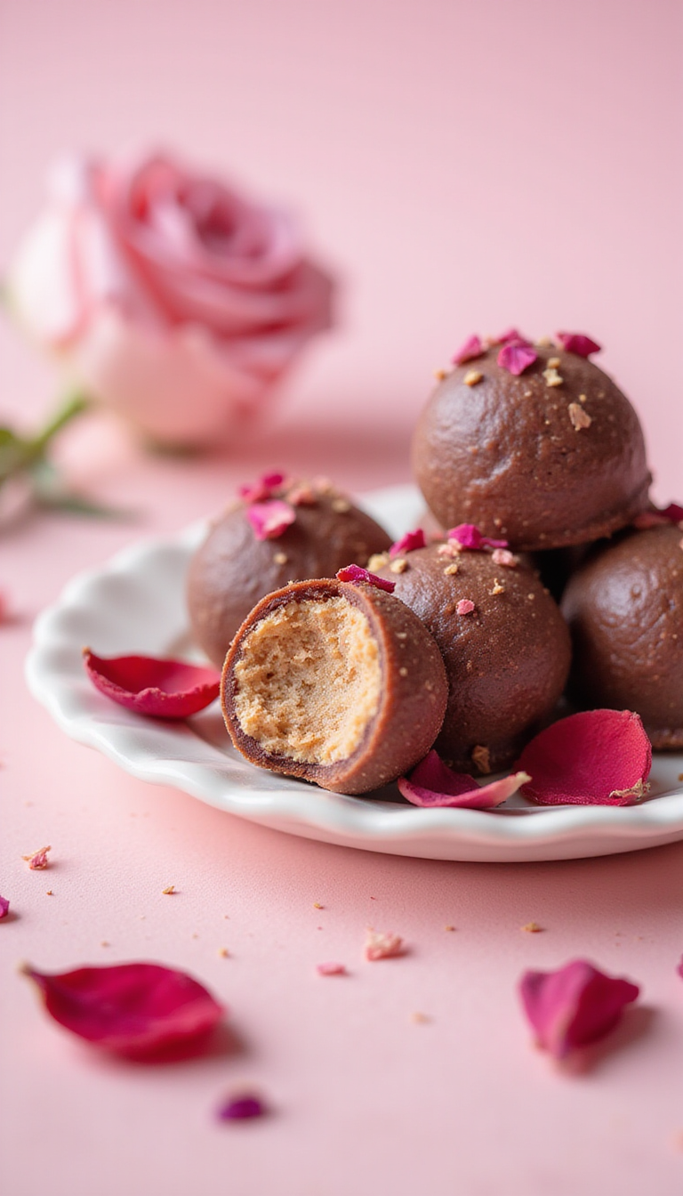 A close-up of a elegant white plate filled with glossy, bite-sized rose truffles. The truffles are coated in fine powdered sugar and decorated with tiny dried rose petals, set against a soft pastel pink background. Natural light highlights their smooth, rich chocolate surface and floral accents, creating a luxurious and inviting scene.