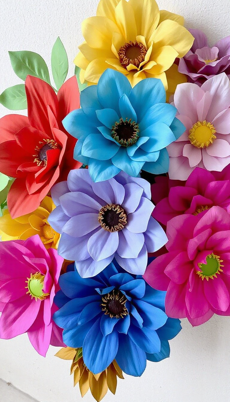 A vibrant close-up image of large, colorful tissue paper flowers in pink, yellow, and purple, arranged artfully against a neutral background, showcasing detailed petal layers and a cheerful, inviting atmosphere.