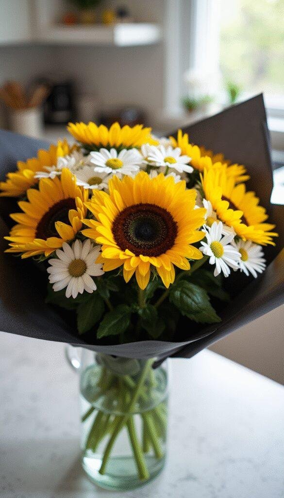 A vibrant bouquet of sunflowers and white daisies, wrapped in black paper, being placed into a clear glass vase on a bright kitchen counter. Water droplets are visible on the stems, highlighting freshness.